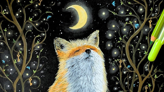 A magical illustration of a fox gazing up at a crescent moon, surrounded by glowing firefly-like lights and delicate, budding trees with tiny golden keys hanging from their branches. The artwork is painted on black paper.