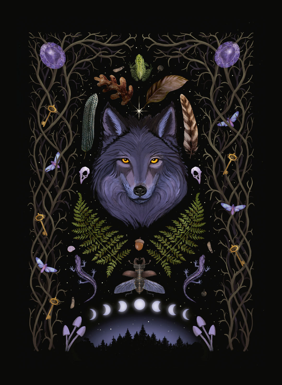 Witchy Art Print Lunar Wolf ab 20x25 cm | Gothic Deko | Geburtstag Februar-März