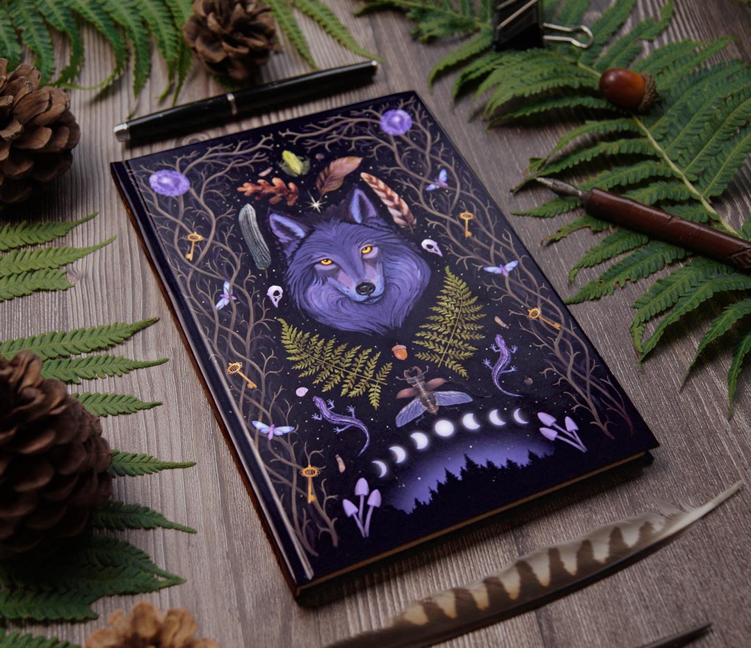 Notebook Dot Grid or lined, Dark Forest Magic Lunar Wolf, Witchy Gothic Style, Din A5 128 pages with bookmark, journaling, diary, scrapbook, Book of Shadows