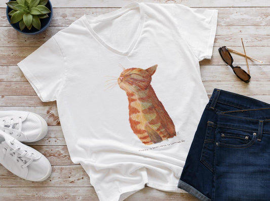 Happy Cat T-Shirt | Glückliche Katze mit Spruch zum Thema Loslassen | V-Ausschnitt | Damen