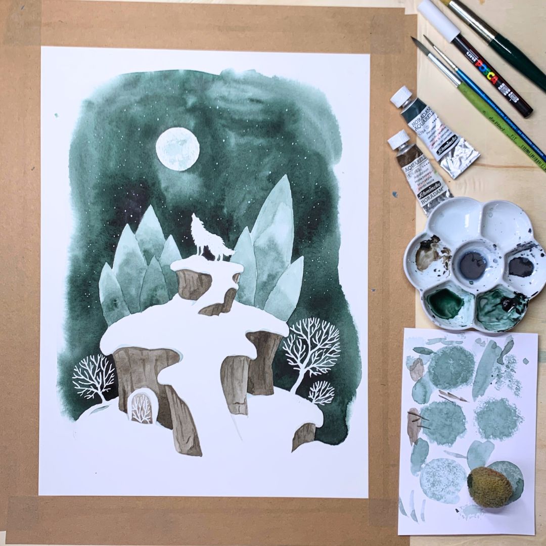 Kunstdruck Wolfsmond | minimalistische Winterlandschaft mit Witchy Vibes