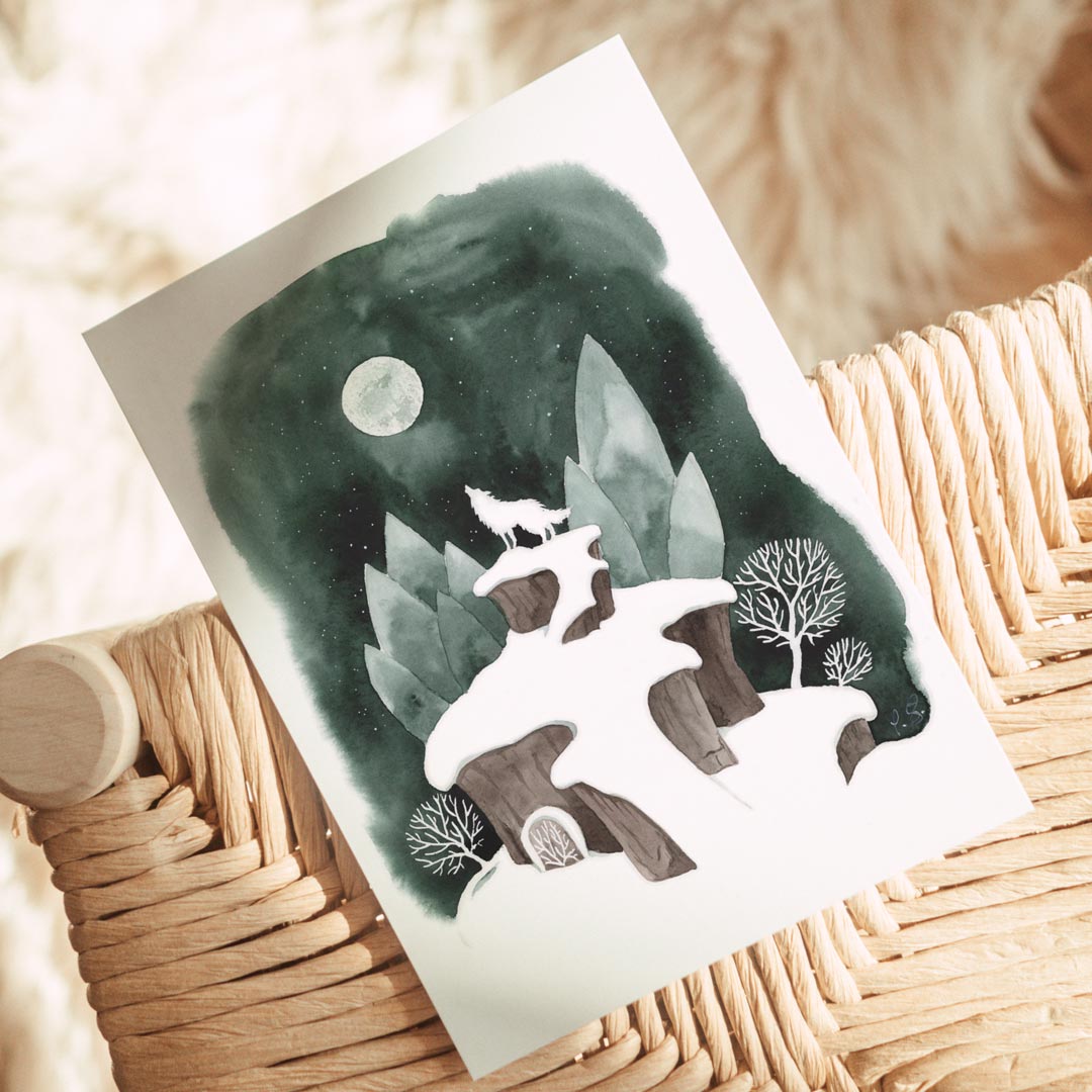 Postcard Wolfmoon Din A6, Winter landscape watercolor painting, full moon and a howling wolf, art postcard
Kunstpostkarte Wolfsmond, Winterlandschaft, Vollmond und ein heulender Wolf, Postkarten sammeln