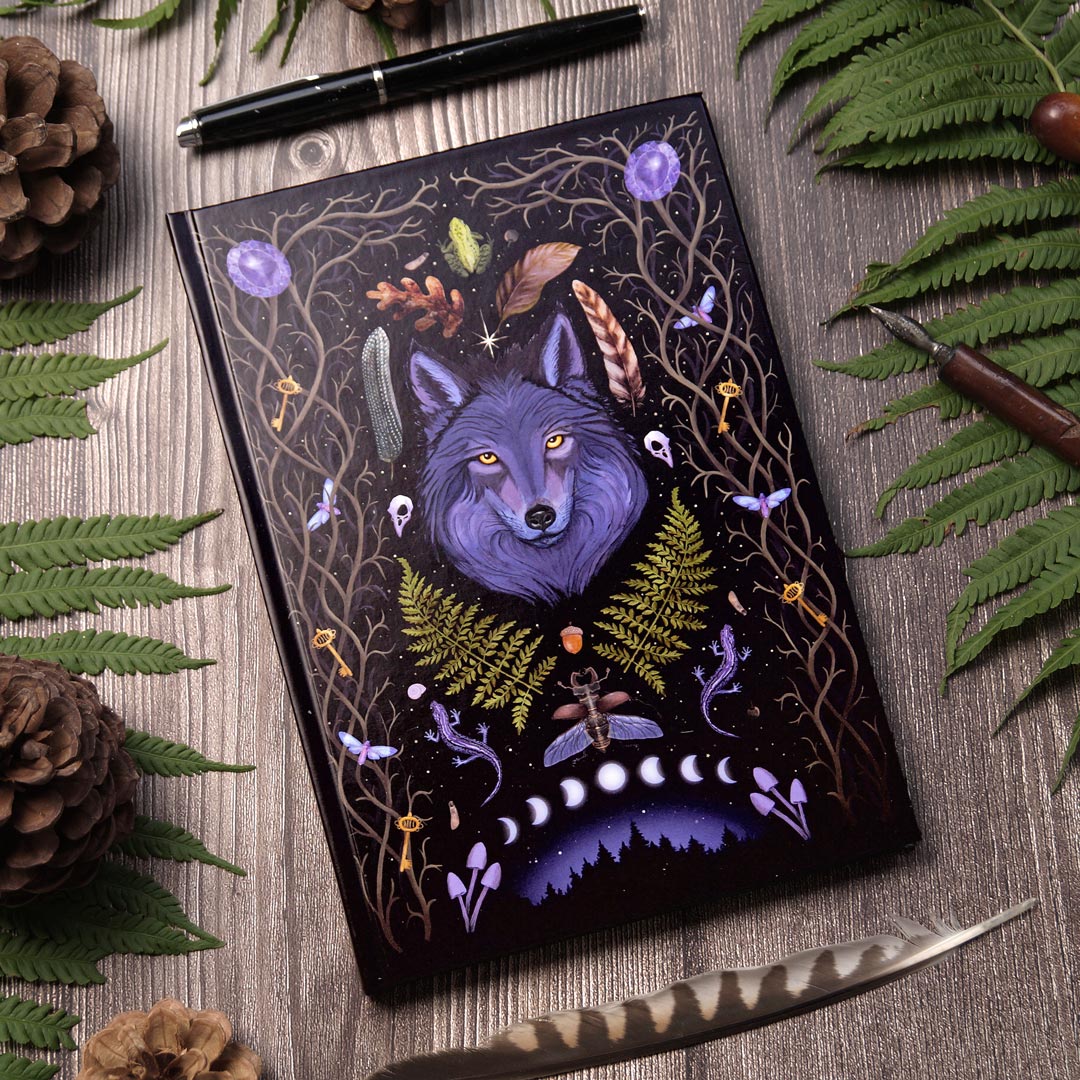 Notizbuch gepunktet oder liniert, Dark Forest Lunar Wolf, Witchy Gothic Stil, Din A5 128 Seiten mit Lesezeichen, Journaling, Tagebuch, Scrapbook, Buch der Schatten, Book of Shadows