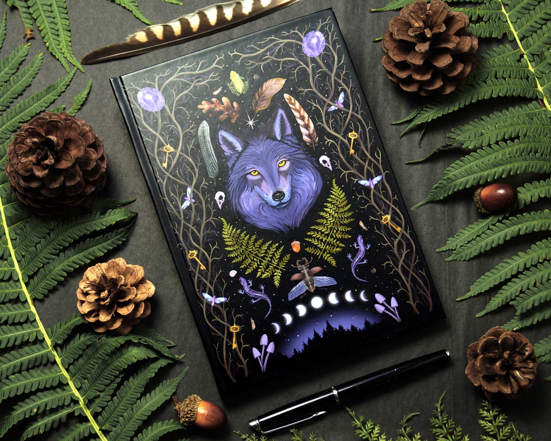 Notebook dotted or lined, Dark Forest Magic Lunar Wolf, Witchy Gothic Style, Din A5 128 pages with bookmark, journaling, diary, scrapbook, Book of Shadows