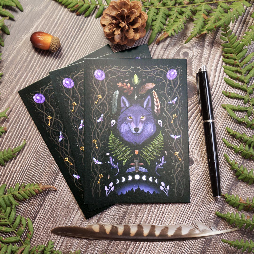 Postcard Dark Forest Magic - Lunar Wolf | Witchy Gothic Aesthetic | Woodland creatures, witchy things and moon phases | Wicca gift for friends of witchcraft and nature magic