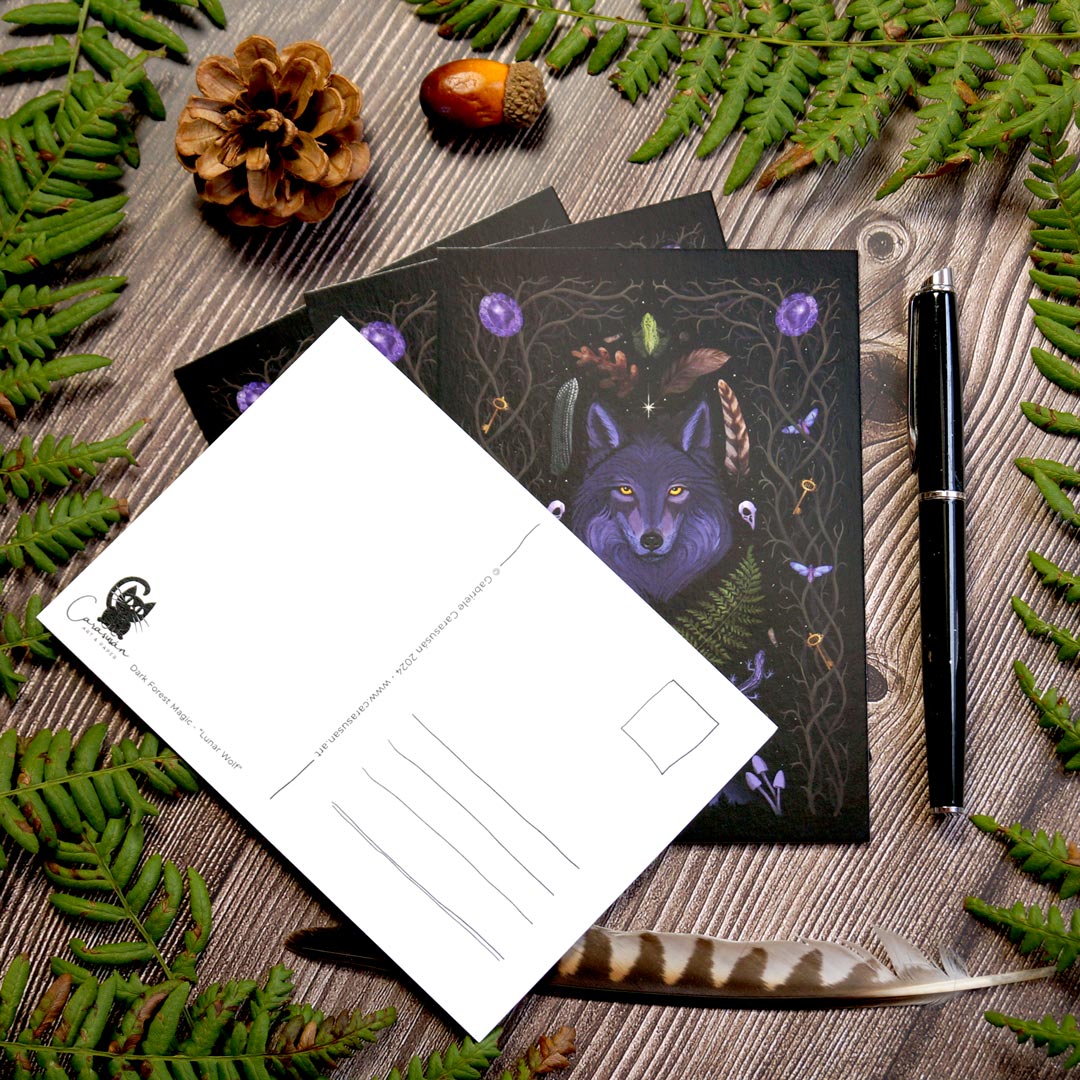 Postcard Dark Forest Magic - Lunar Wolf | Witchy Gothic Aesthetic | Woodland creatures, witchy things and moon phases | Wicca gift for friends of witchcraft and nature magic