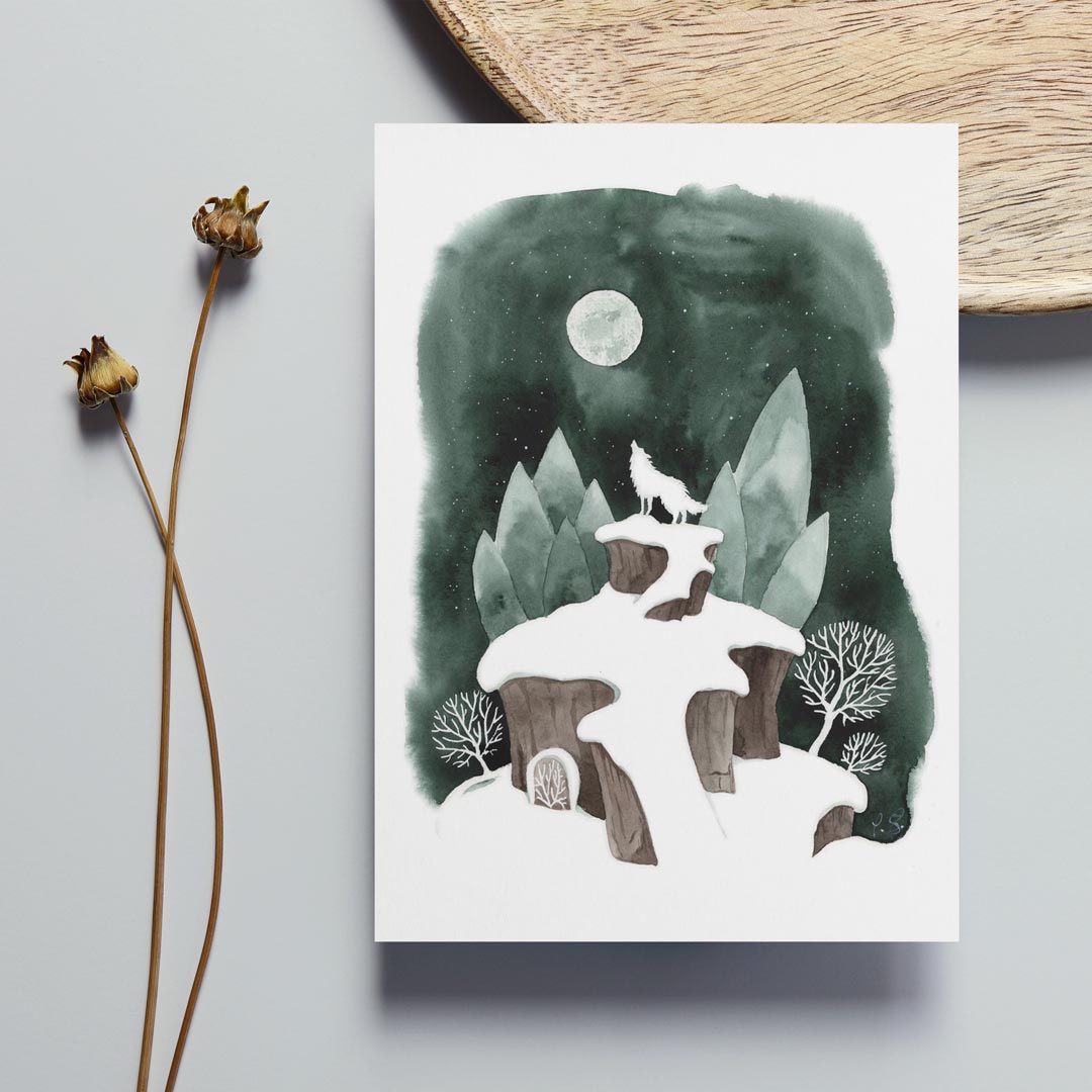 Postcard Wolfmoon Din A6, Winter landscape watercolor painting, full moon and a howling wolf, art postcard
Kunstpostkarte Wolfsmond, Winterlandschaft, Vollmond und ein heulender Wolf, Postkarten sammeln