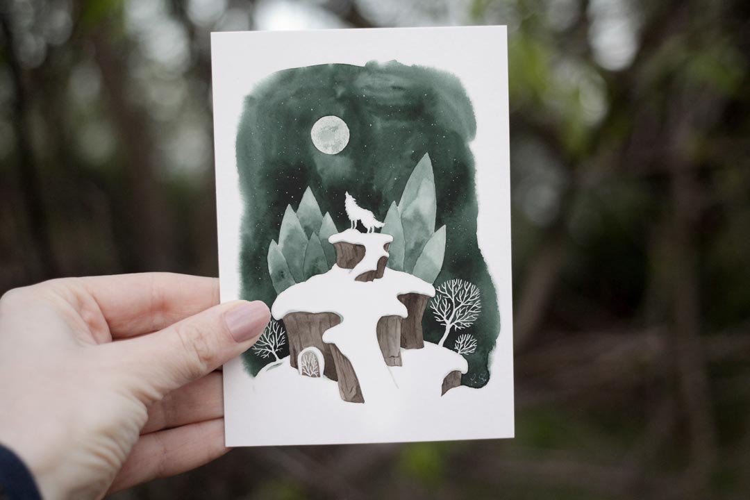 Postcard Wolfmoon Din A6, Winter landscape watercolor painting, full moon and a howling wolf, art postcard
Kunstpostkarte Wolfsmond, Winterlandschaft, Vollmond und ein heulender Wolf, Postkarten sammeln