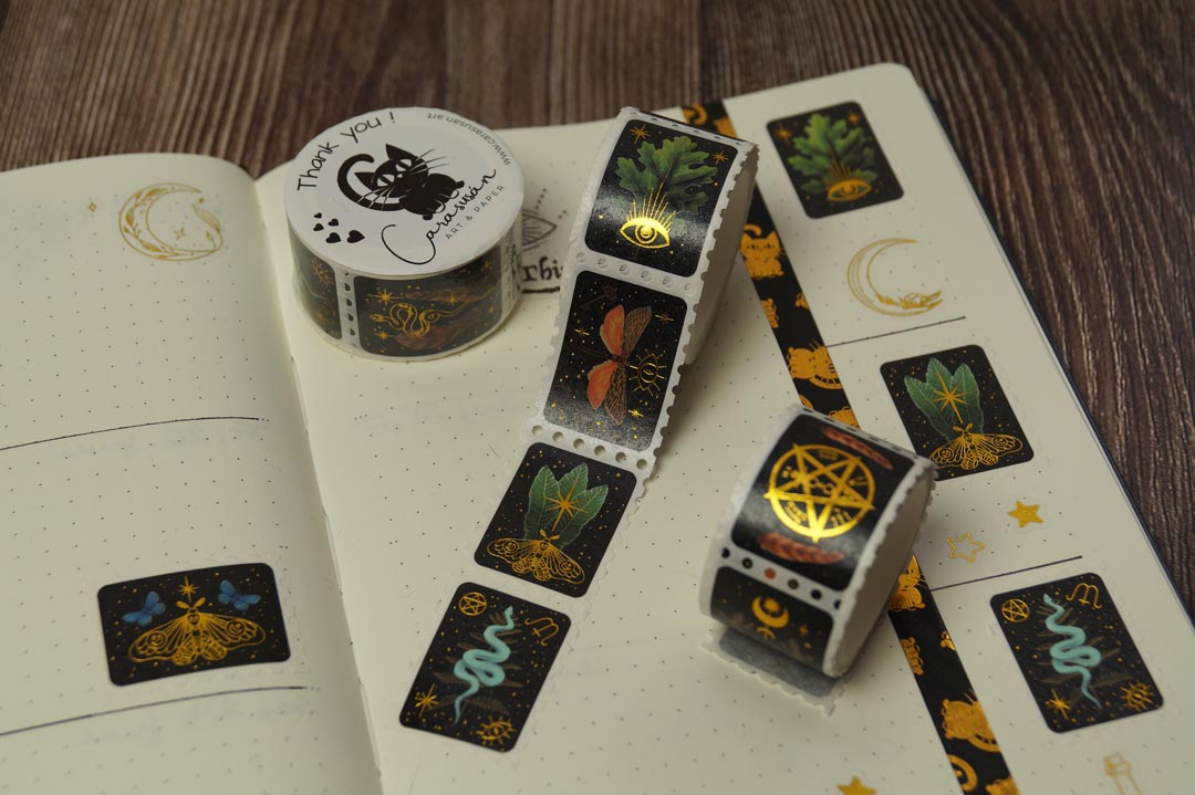 Witchy Stam Washi Tape with gold foil print - magical symbols, forest findings, woodland cretaures - 150 stickers with 10 different designs - for bullet journalimg and scrapbooking