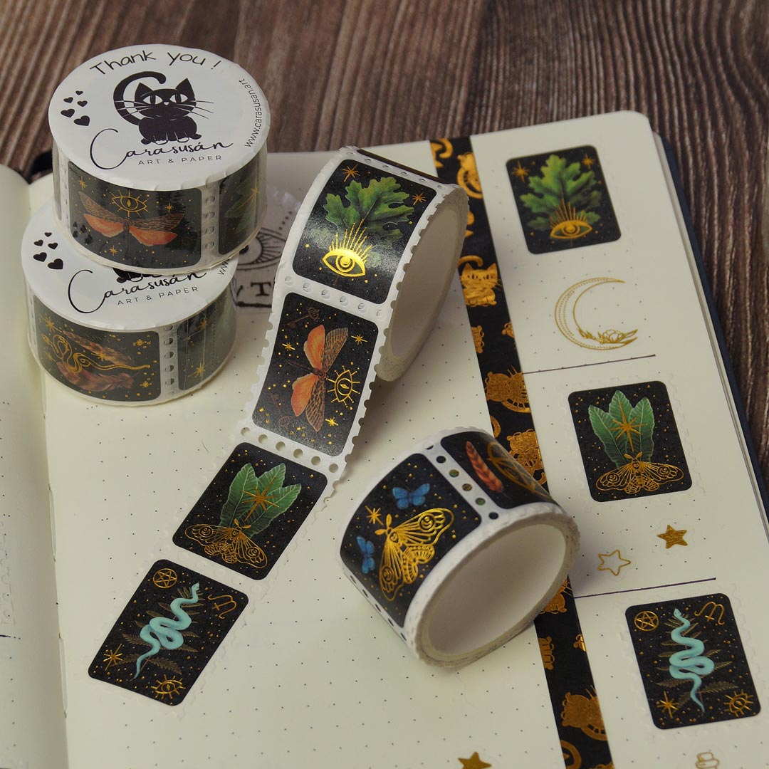 Witchy Stam Washi Tape with gold foil print - magical symbols, forest findings, woodland cretaures - 150 stickers with 10 different designs - for bullet journalimg and scrapbooking