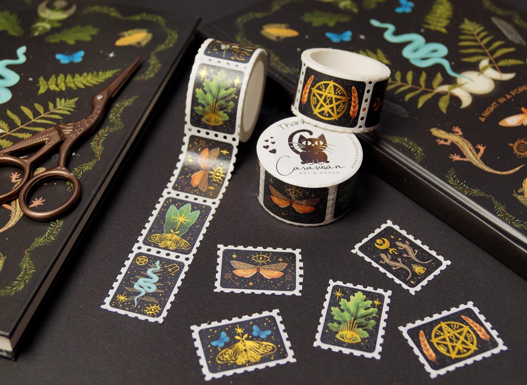 Witchy Stam Washi Tape with gold foil print - magical symbols, forest findings, woodland cretaures - 150 stickers with 10 different designs