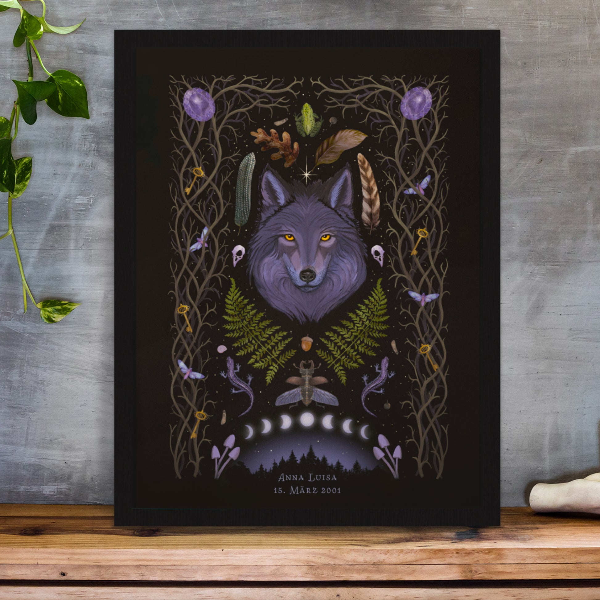 Art Print Lunar Wolf Spirit Animal - customizable birthday gift - shamanic astrology animal sign