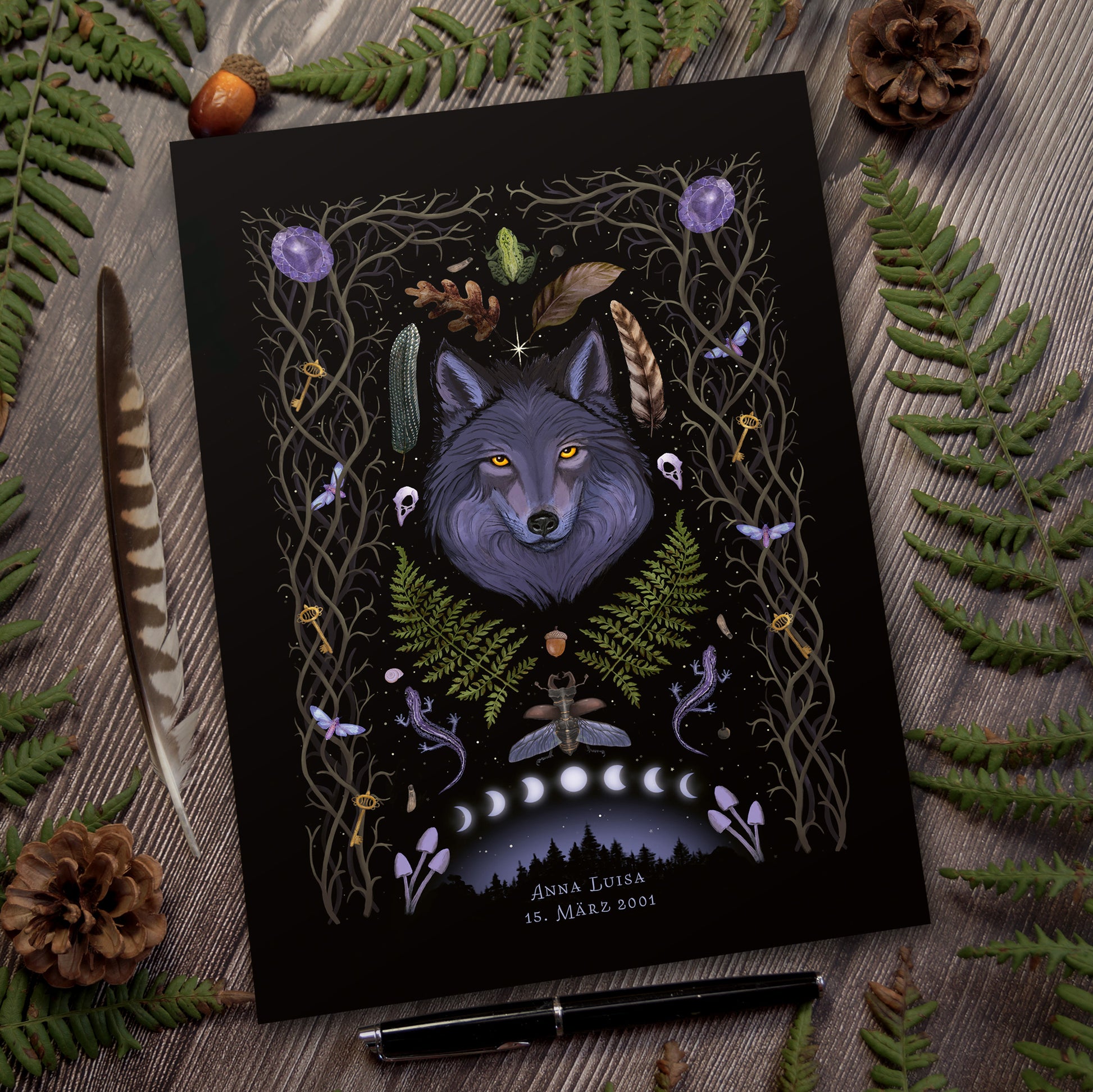 Art Print Lunar Wolf Spirit Animal - customizable birthday gift - shamanic astrology animal sign