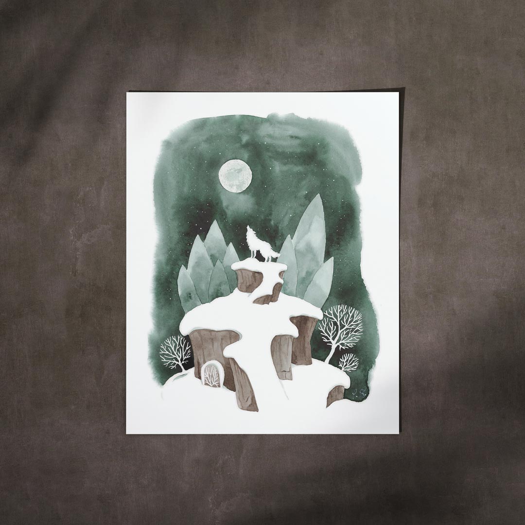 Kunstdruck Wolfsmond | minimalistische Winterlandschaft mit Witchy Vibes