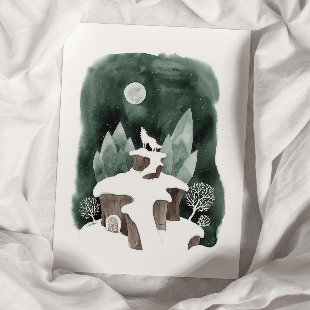 Kunstdruck Wolfsmond | minimalistische Winterlandschaft mit Witchy Vibes