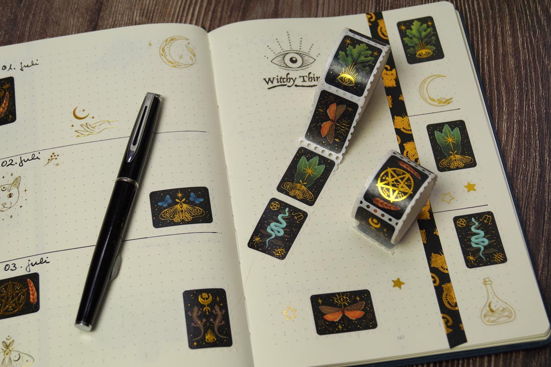 Witchy Stam Washi Tape with gold foil print - magical symbols, forest findings, woodland cretaures - 150 stickers with 10 different designs - for bullet journalimg and scrapbooking