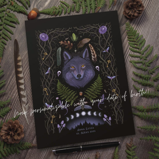 Art Print Lunar Wolf Spirit Animal - customizable birthday gift - shamanic astrology animal sign