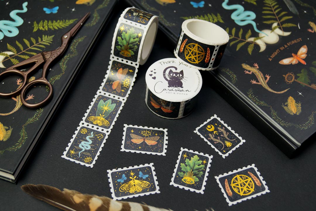 Witchy Stam Washi Tape with gold foil print - magical symbols, forest findings, woodland cretaures - 150 stickers with 10 different designs - for bullet journalimg and scrapbooking