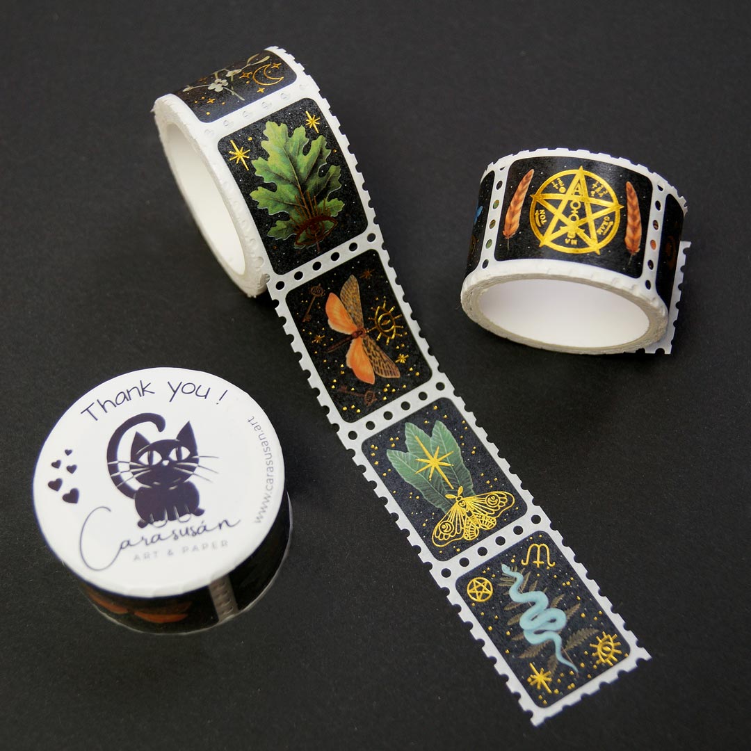 Witchy Stam Washi Tape with gold foil print - magical symbols, forest findings, woodland cretaures - 150 stickers with 10 different designs - for bullet journalimg and scrapbooking